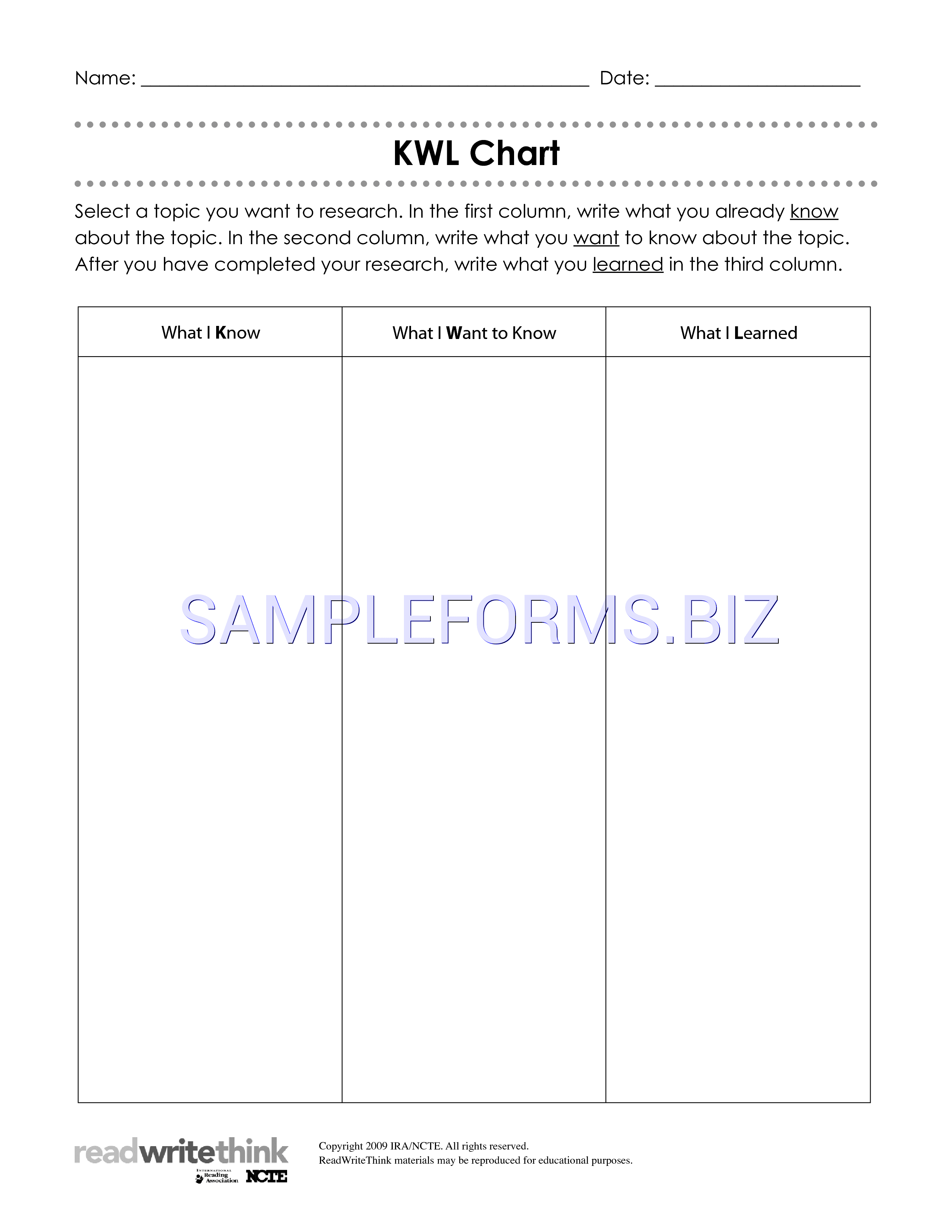 Preview free downloadable KWL Chart 1 in PDF (page 1)